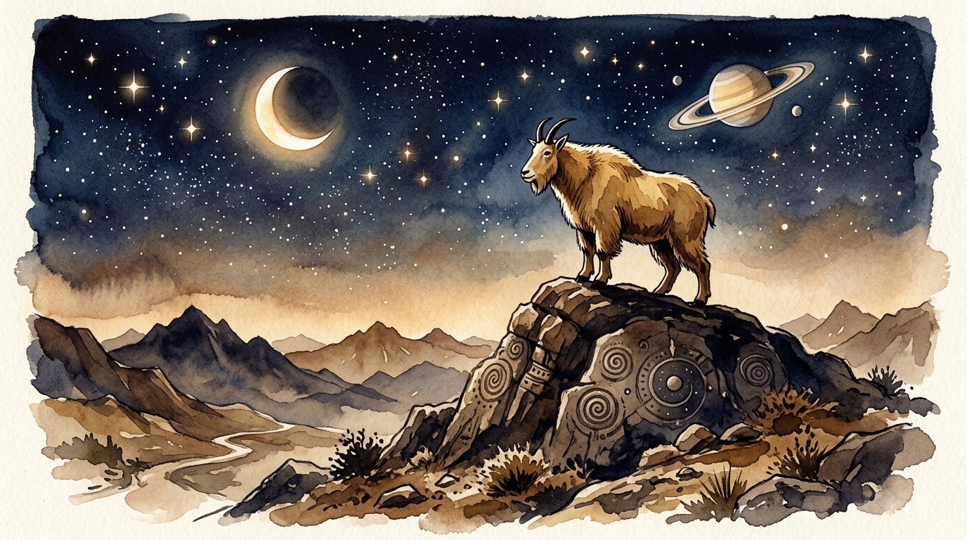 険しい山頂に立つ山羊と星空を表した占星術イラスト