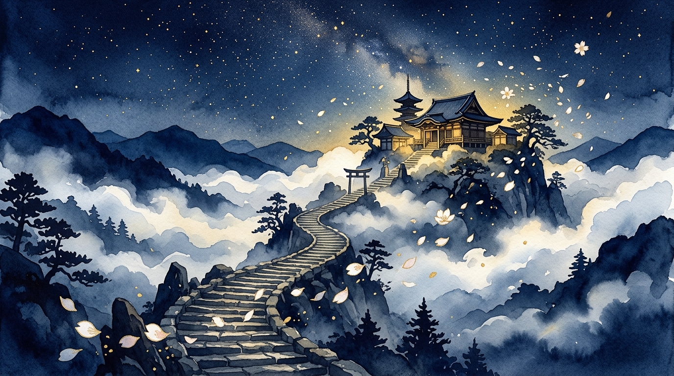石段を登る参道と星明かりを描いた東洋的な達成と忍耐のイラスト