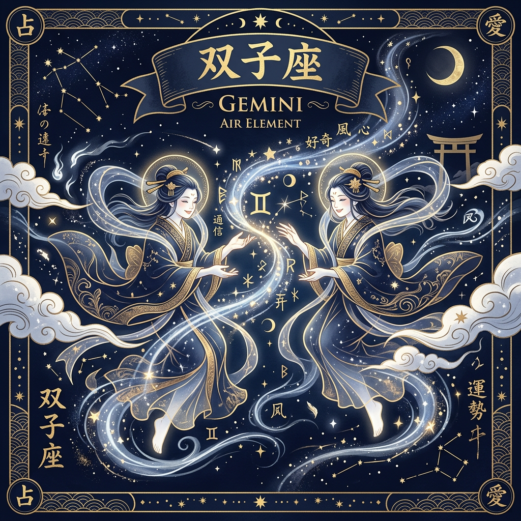 双子座のシンボルと特徴を示す西洋占星術イラスト