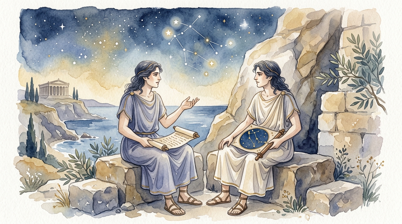 古代ギリシャで対話する双子の哲学者たち——双子座の知性と対話の原型