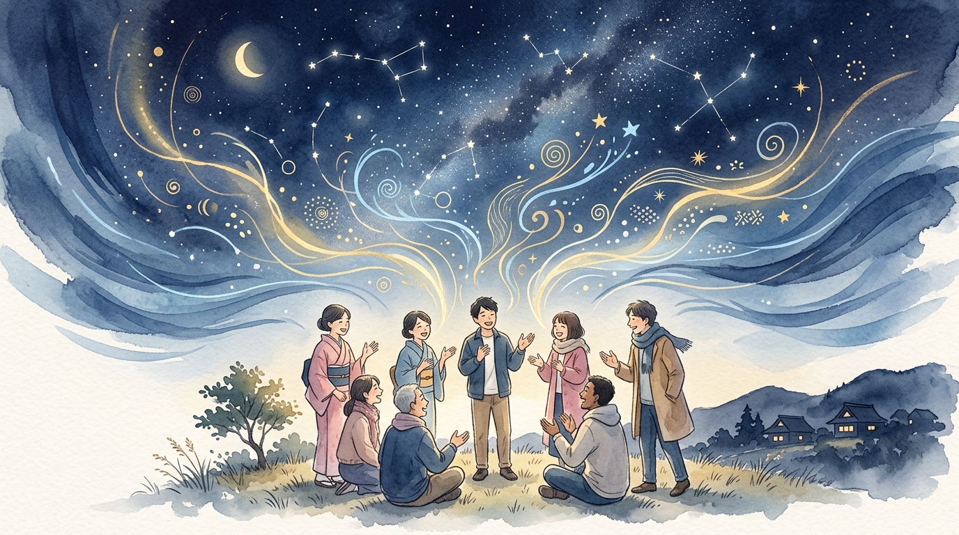夜空の星座の下で光のラインとして広がる言葉たち——双子座のコミュニケーション力
