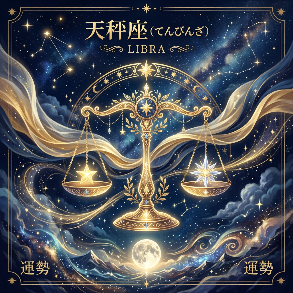 天秤座のシンボルと特徴を示す西洋占星術イラスト