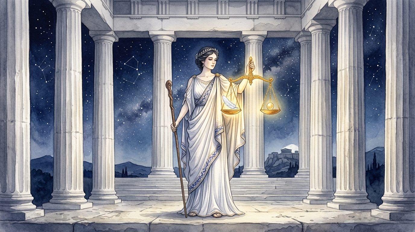 古代ギリシャの神殿で天秤を持つ正義の女神テミス——天秤座の起源を象徴する情景