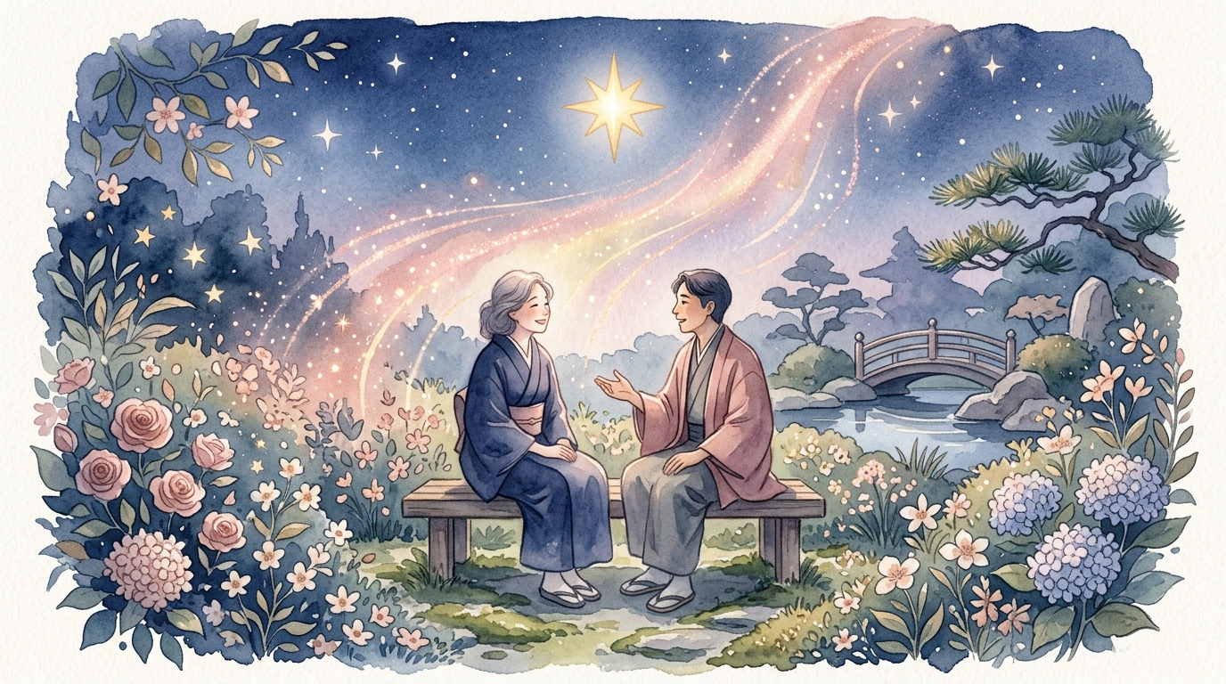 星と花に囲まれた庭園で対話する二人——天秤座の調和ある関係性のイメージ