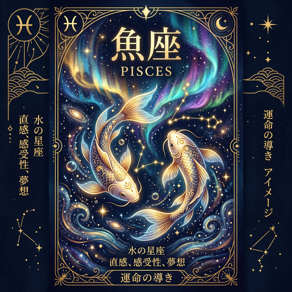 魚座のシンボルと特徴を示す西洋占星術イラスト