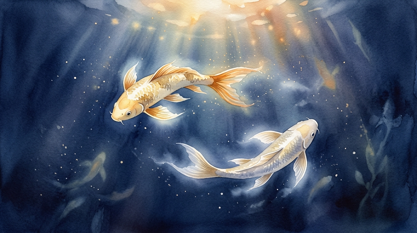 2匹の魚が深い藍の海を泳ぐ——魚座の「融合と深いつながり」を象徴する水彩イラスト
