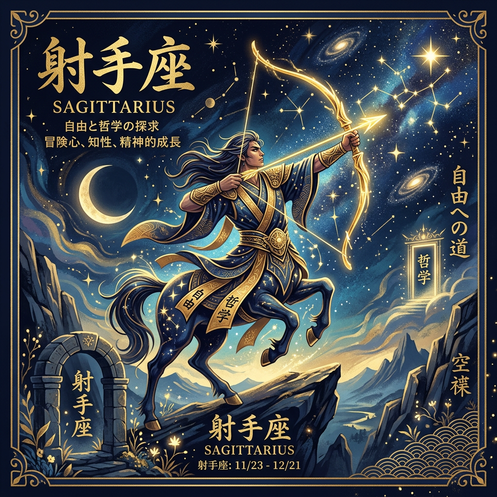 射手座のシンボルと特徴を示す西洋占星術イラスト
