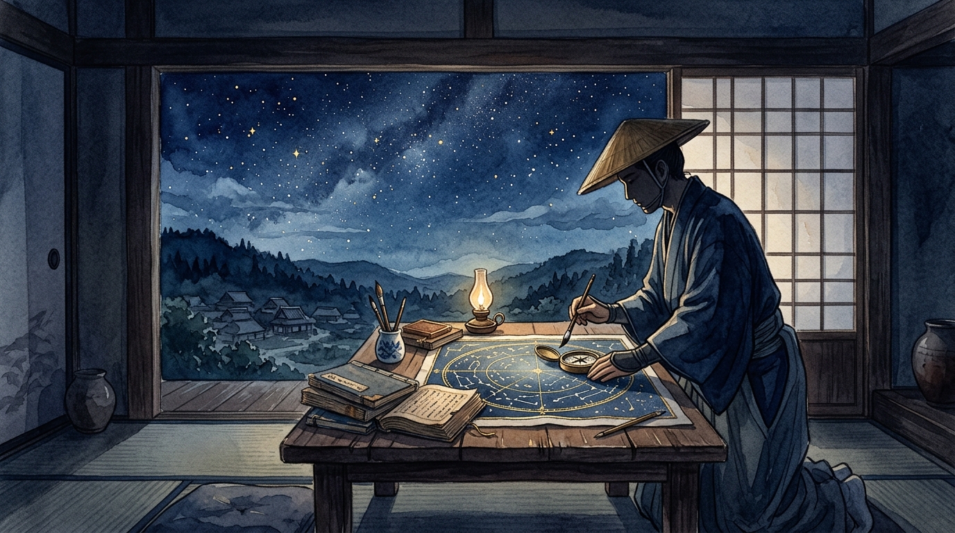 夜空の星図を眺める旅人と哲学書を描いた占星術イラスト