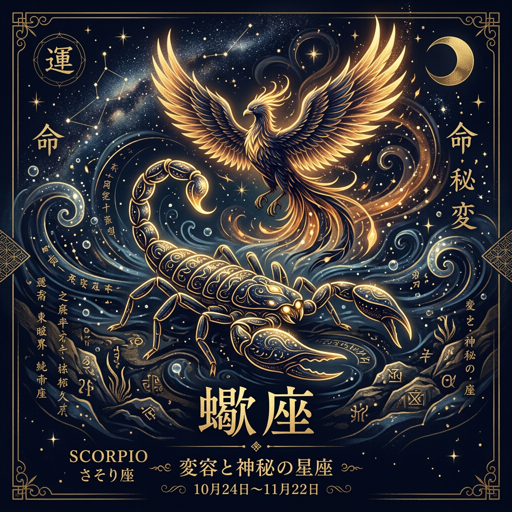 蠍座のシンボルと特徴を示す西洋占星術イラスト