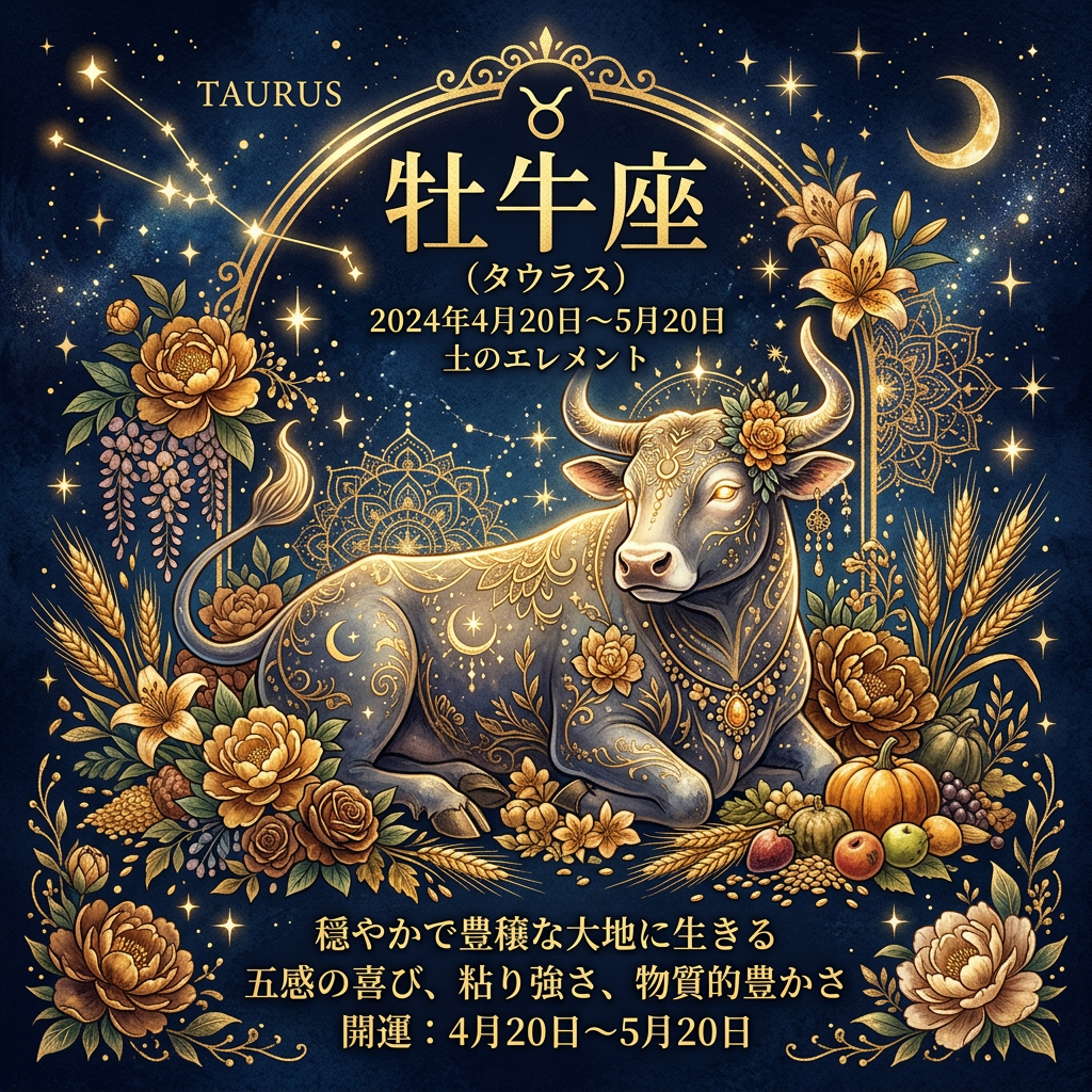 牡牛座のシンボルと特徴を示す西洋占星術イラスト