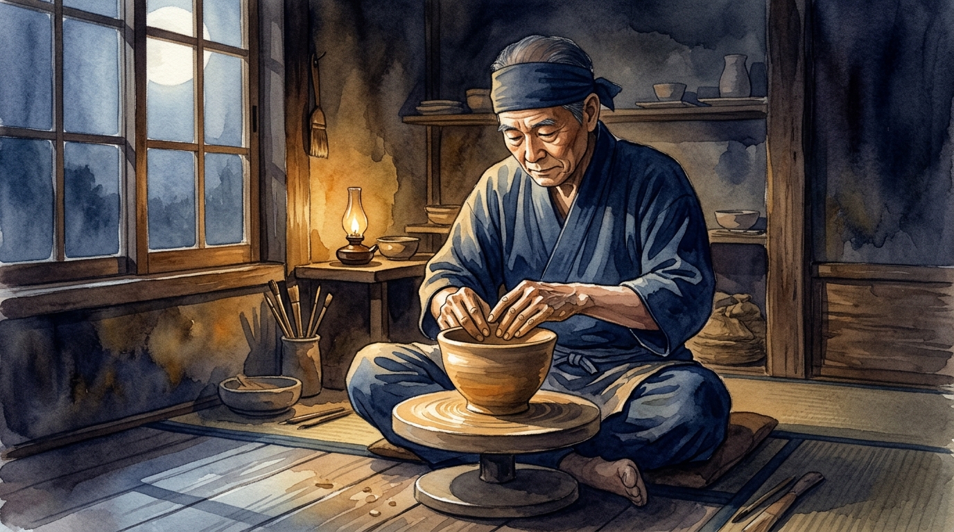 月明かりの工房で丁寧に器を作る職人——牡牛座の五感・美的センス・持続力を体現した適職イメージ