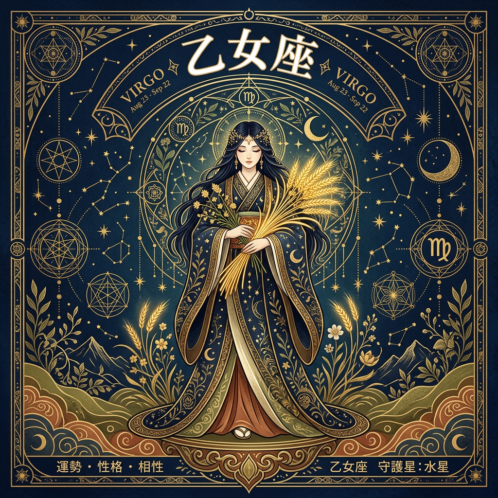 乙女座のシンボルと特徴を示す西洋占星術イラスト