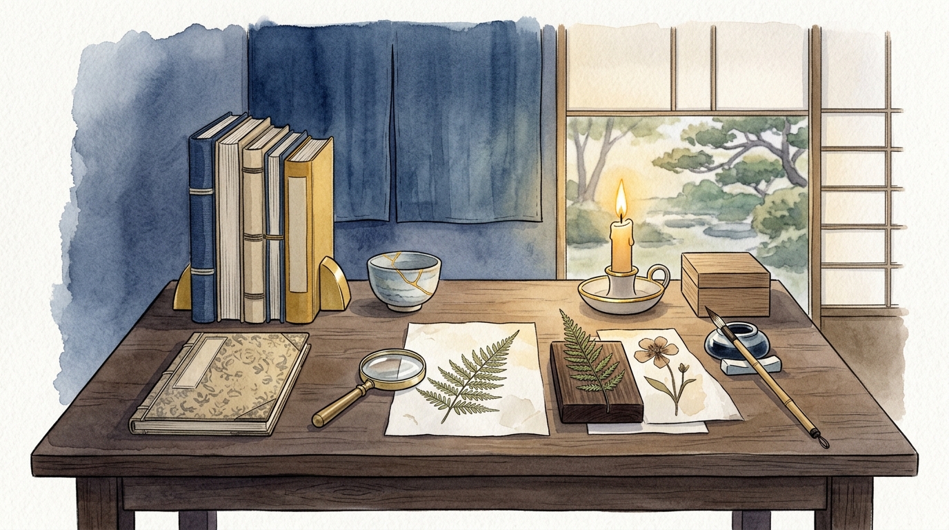 整然とした書斎と植物標本——乙女座の「知的な探求と精密な専門性」を象徴する水彩イラスト