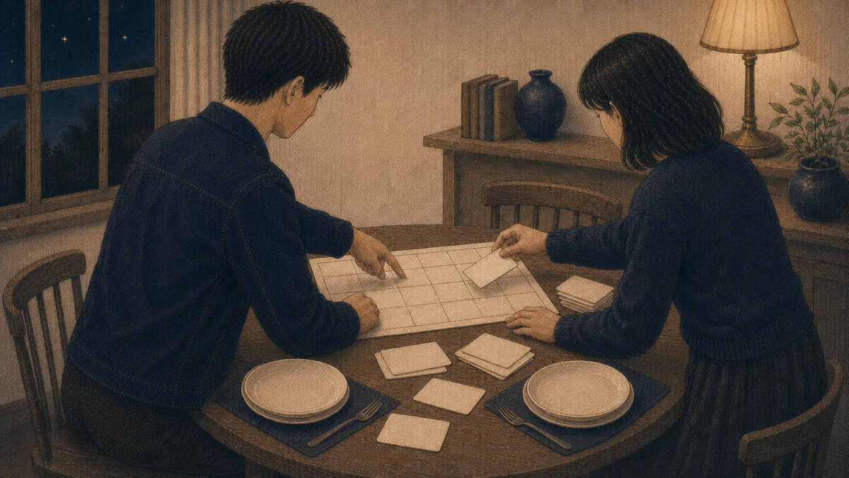 二人が無地の予定表と家事カードを食卓で一緒に並べ、共有する時間と負担を確認するイラスト