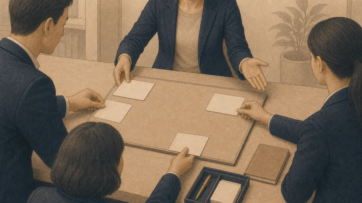 四人の同僚が無地のカードをボードへ置き、全員が意見を加えられる空間を作るイラスト
