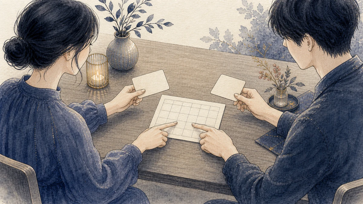 二人の成人が向かい合う机で、それぞれ一枚ずつの無地カードを差し出し、中央の予定表を指しながら次に会う条件を確認している場面