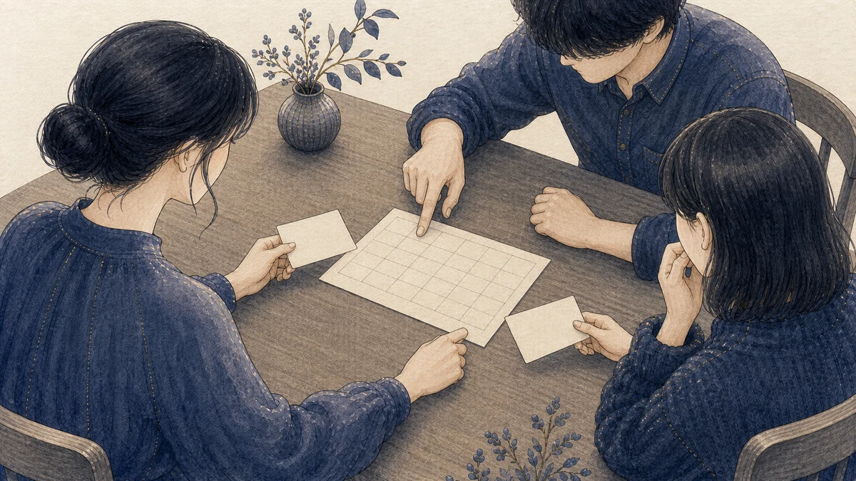 成人三人が机を囲み、一人が文字のない予定表を指し、他の二人が無地の招待カードを置いて参加範囲を相談している場面