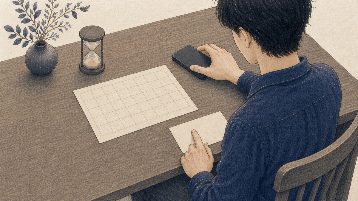 机に置いたスマートフォンを伏せ、空白の返信カードと予定表の前で返事を急がず考える人物のイラスト