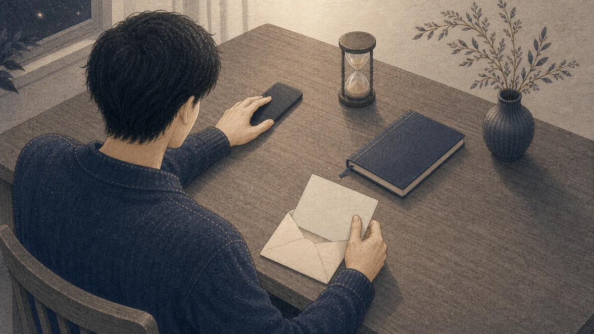 伏せたスマートフォンを遠ざけ、無地の思い出カードを封筒へしまいながら連絡を一晩置く人物のイラスト