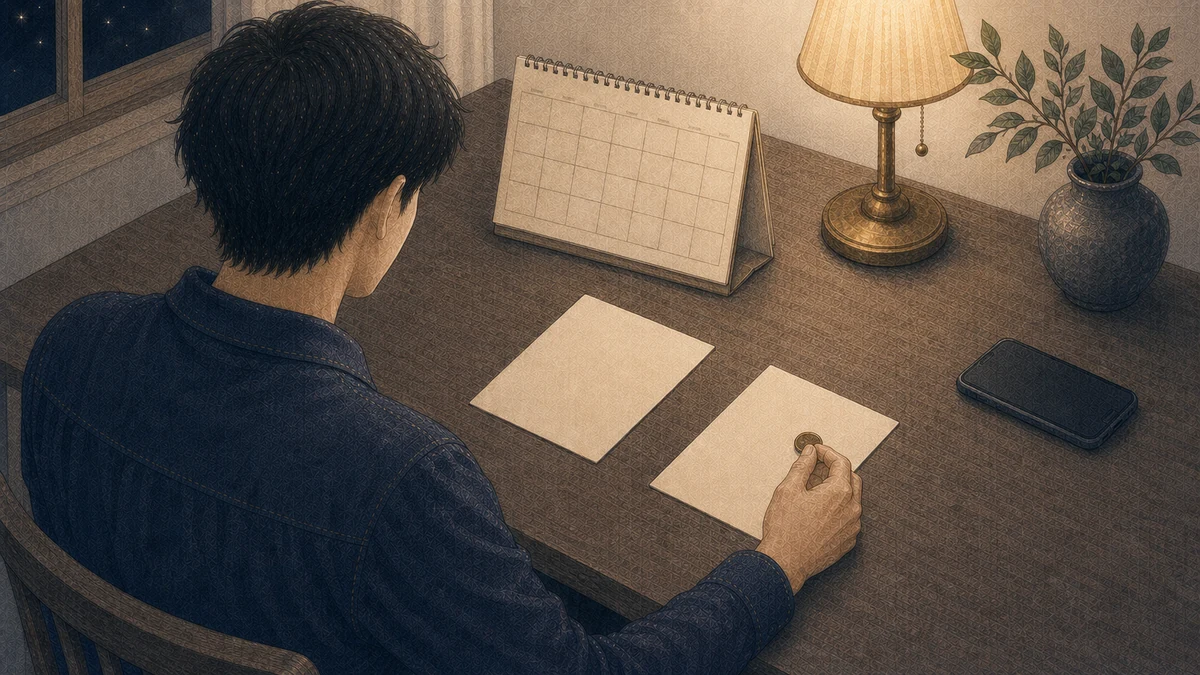 二つの無地の候補を比較し、スマートフォンを伏せて一方にだけ小さな印を置く人物のイラスト