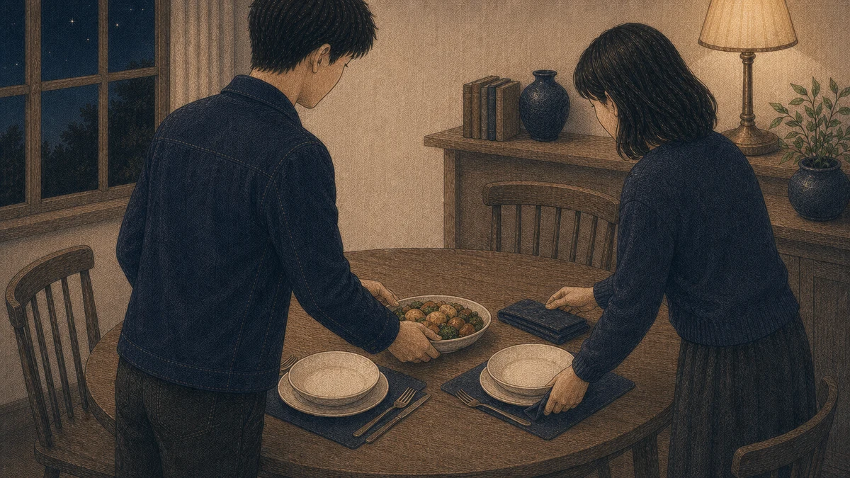 二人がそれぞれ食卓を整え、中央へ料理を置いて共有の満足を作る人物たちのイラスト