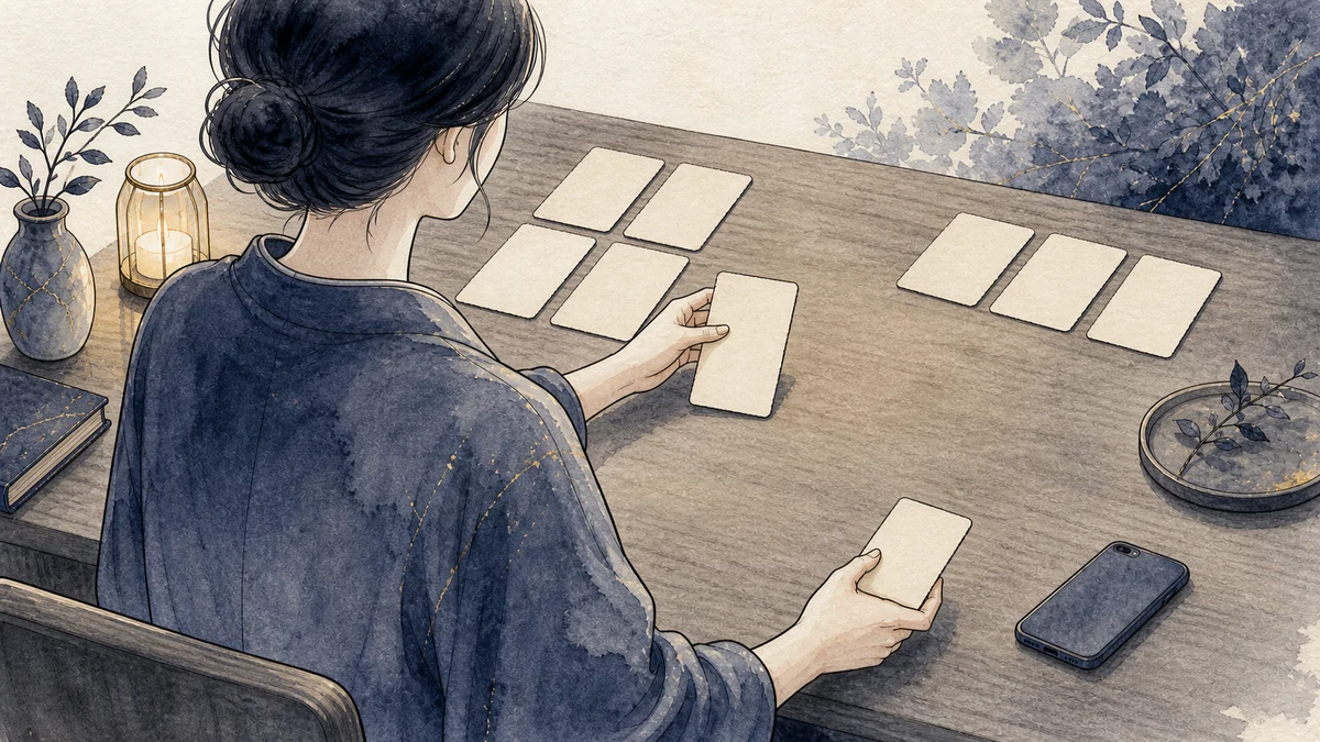一人の成人が落ち着いた机で、自分の感情と確認できる事実を別々の無地カードへ分け、相手に伝える短い一文を選んでいる場面