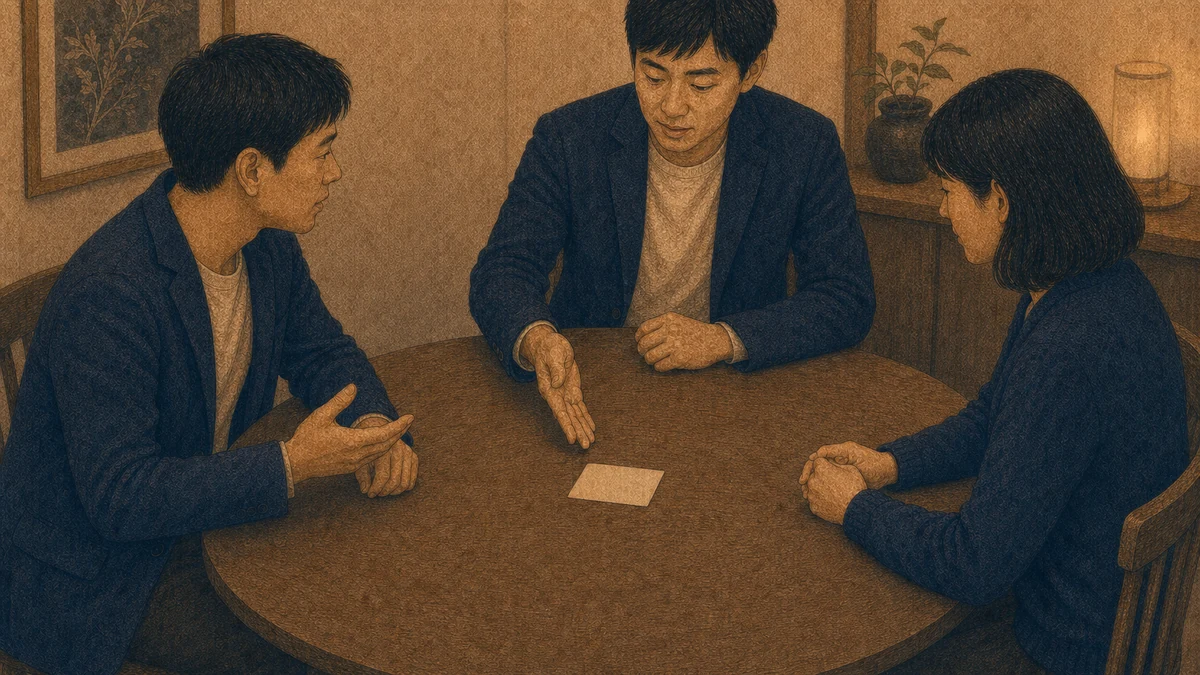 三人の成人が円卓で話し、一人が無地の議題カードを指しながら、別の人の発言を受けて決定項目を整理しているイラスト