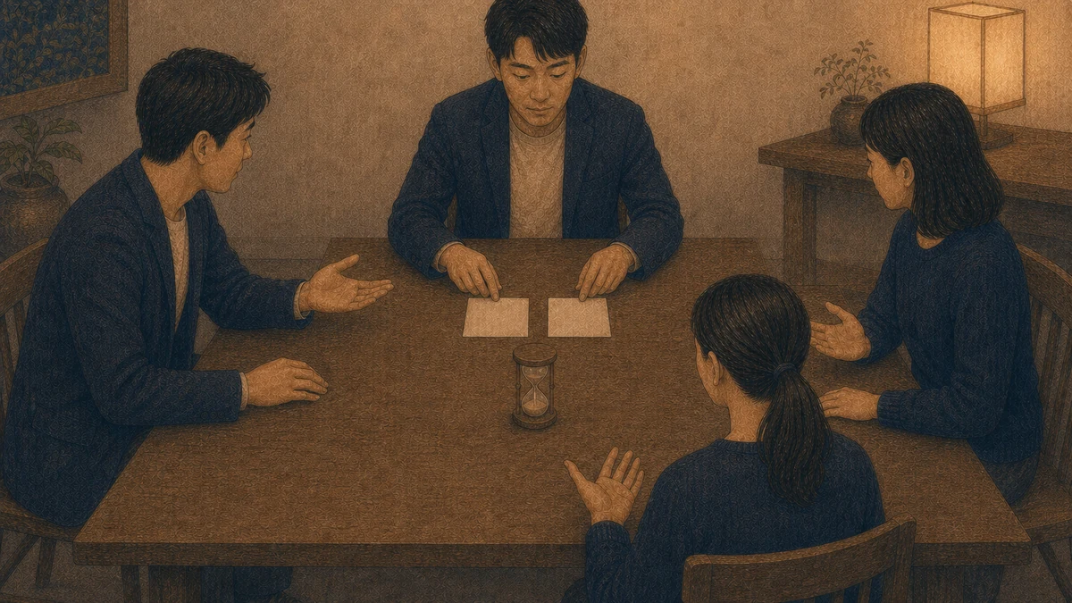 四人の成人が職場のテーブルを囲み、進行役が二つの無地の選択カードと期限を示し、参加者がそれぞれ意見を出しているイラスト