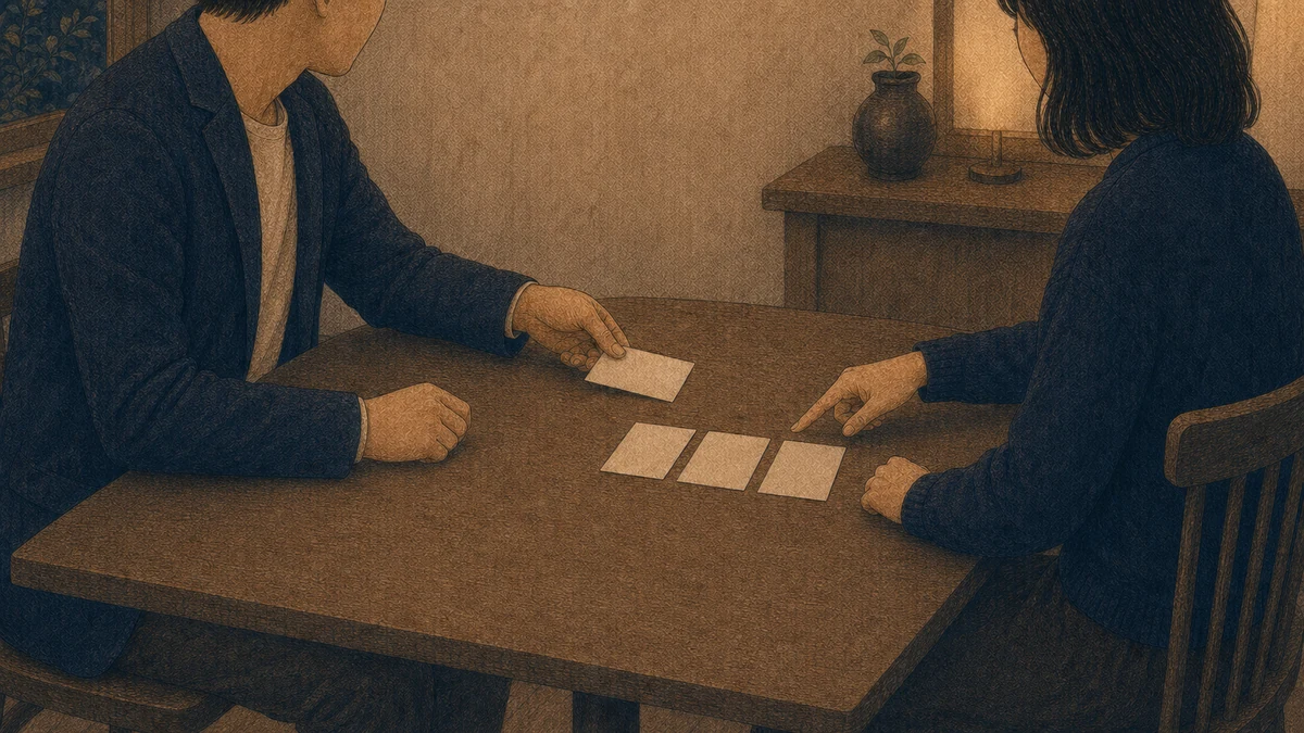 二人の成人がカフェのテーブルで無地の予定カードを差し出し、受け手が候補日を指して自分の希望を伝えているイラスト