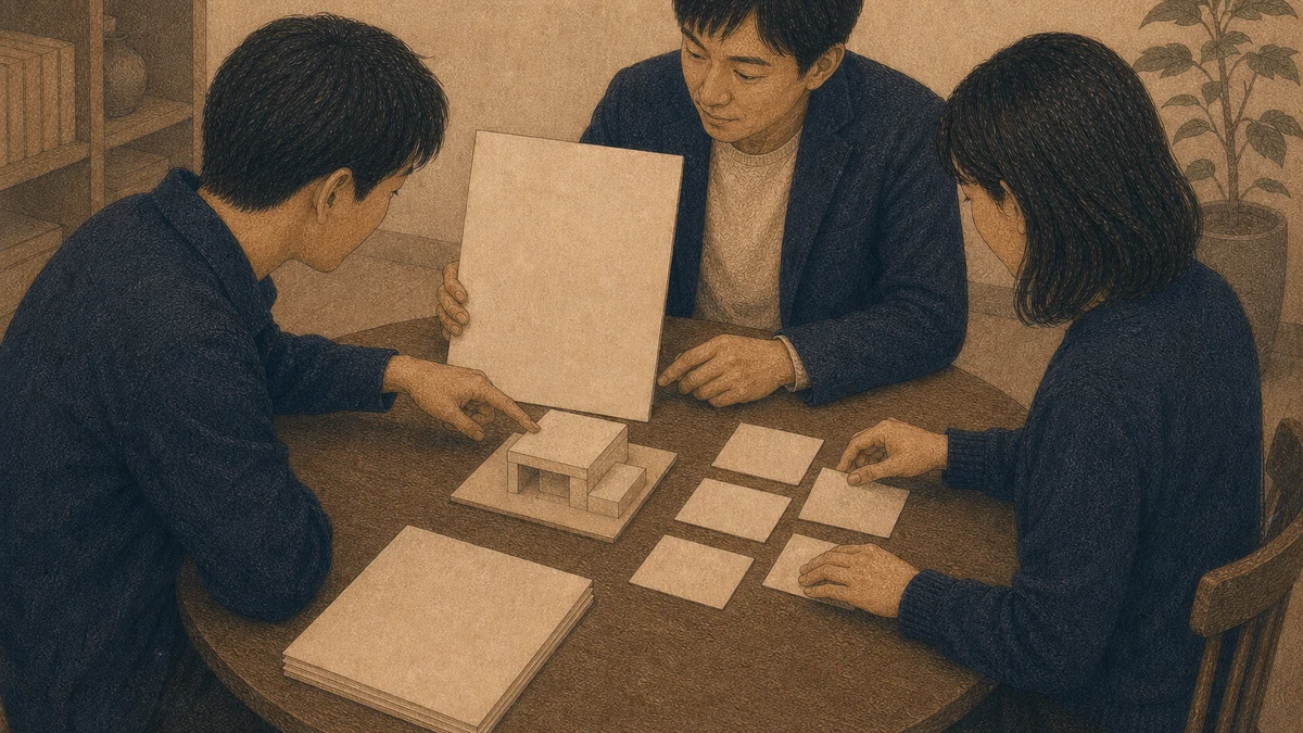 一人の成人が無地の提案ボードと小さな試作品を差し出し、二人の同僚が条件カードを並べて検討しているイラスト