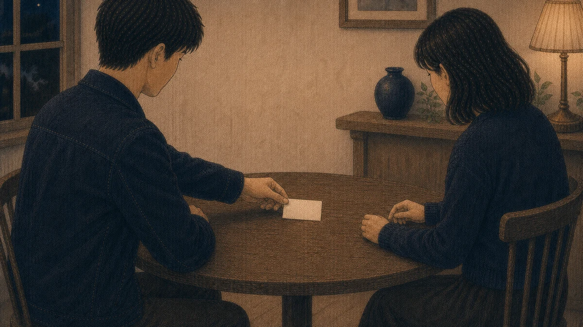 二人の成人が距離を保ったまま無地の短いカードをテーブル中央で受け渡すイラスト
