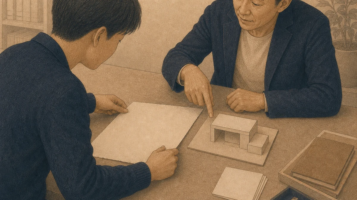 若手の成人が無地のラフ紙と小さな紙模型を置き、同僚と一箇所を確認するイラスト