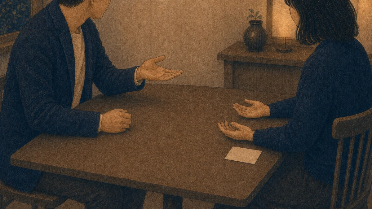 二人の成人が静かなテーブルで向き合い、一人が話し、もう一人が無地のメモを置いて手を開きながら聴いているイラスト