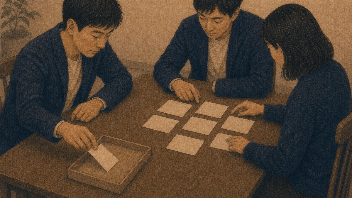 三人の成人が仕事のテーブルを囲み、一人が話を聴きながら無地の要望カードを整理し、別の一枚を保留用の空いたトレーへ置いているイラスト