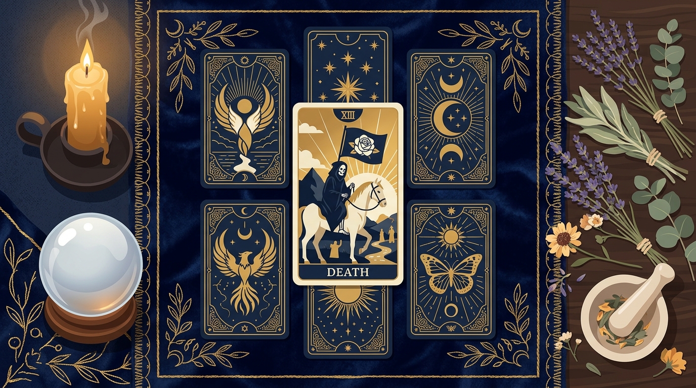 タロットスプレッドの中央に置かれた死神カードと占いの道具