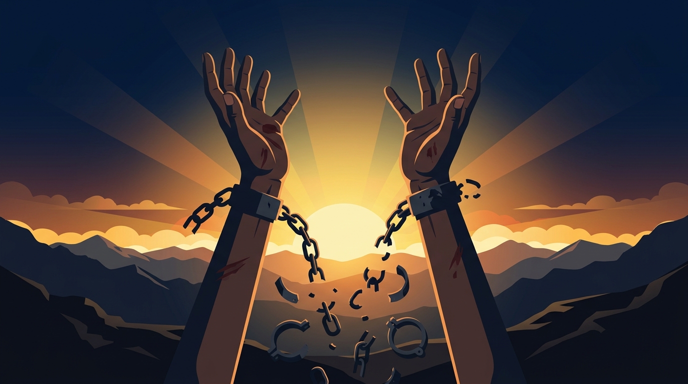 束縛からの解放と自由を象徴する鎖が外れるイメージ