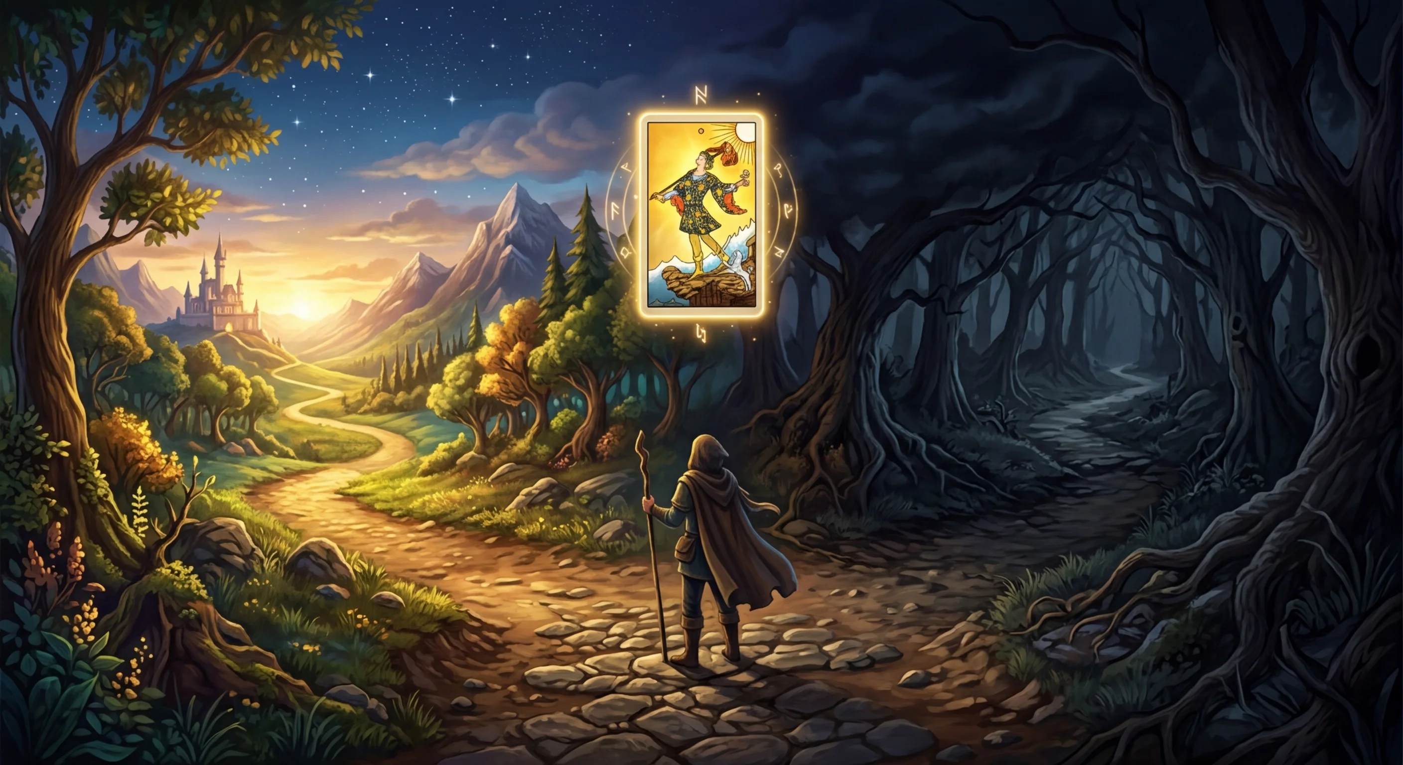 愚者の正位置と逆位置の分岐を象徴するイラスト