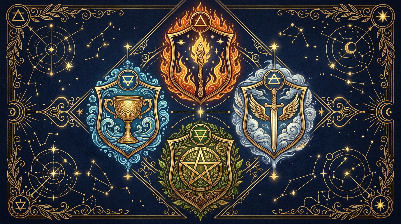 タロットの小アルカナ4スート（ワンド・カップ・ソード・ペンタクル）のシンボル