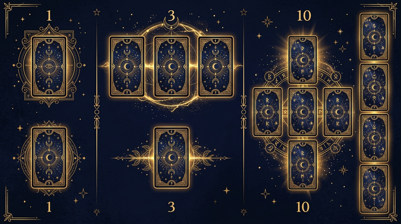 タロット占いのスプレッド（ワンオラクル・スリーカード・ケルト十字）の配置図