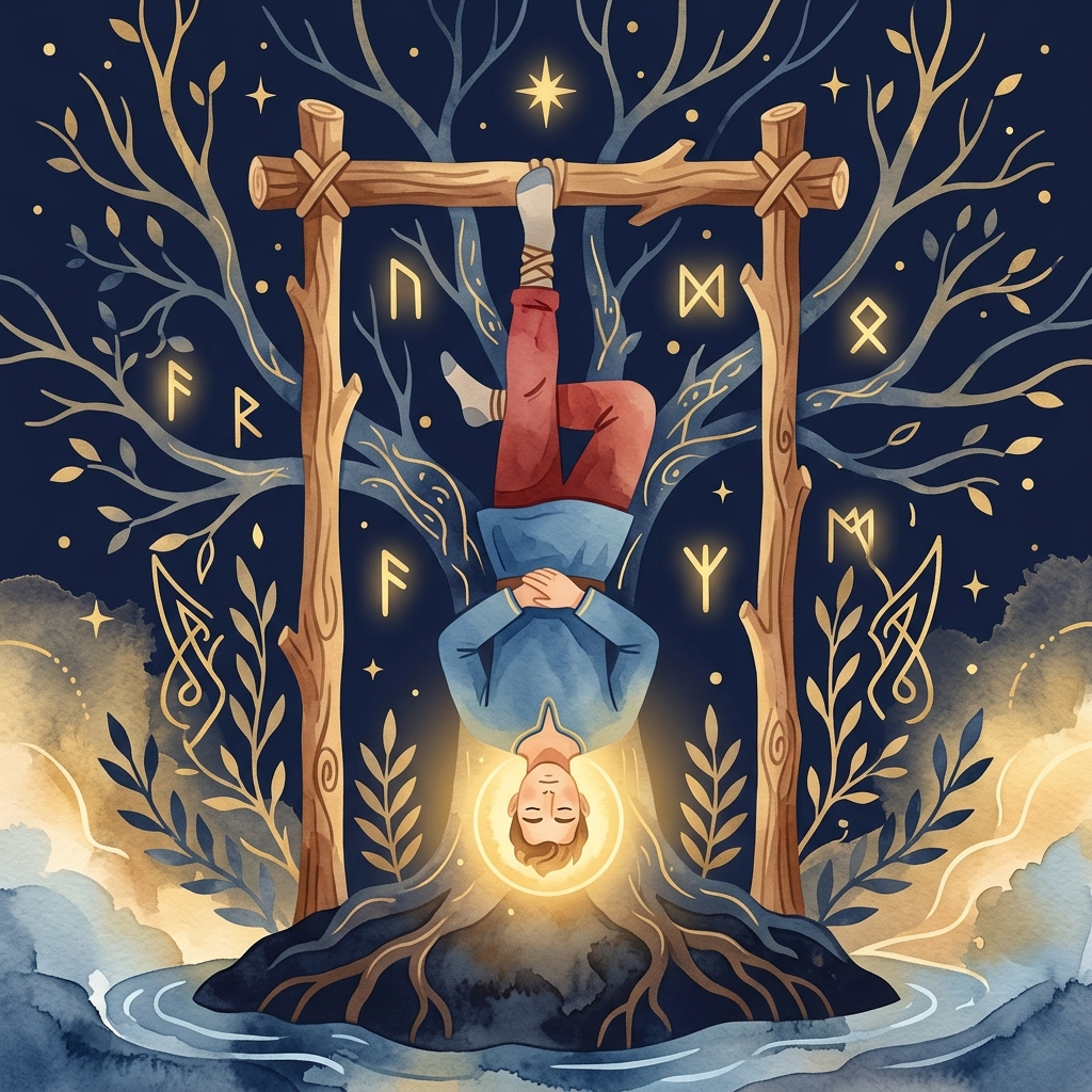 吊された男タロットカードのシンボル解説図 — タウ十字・光輪・青赤の衣装の意味