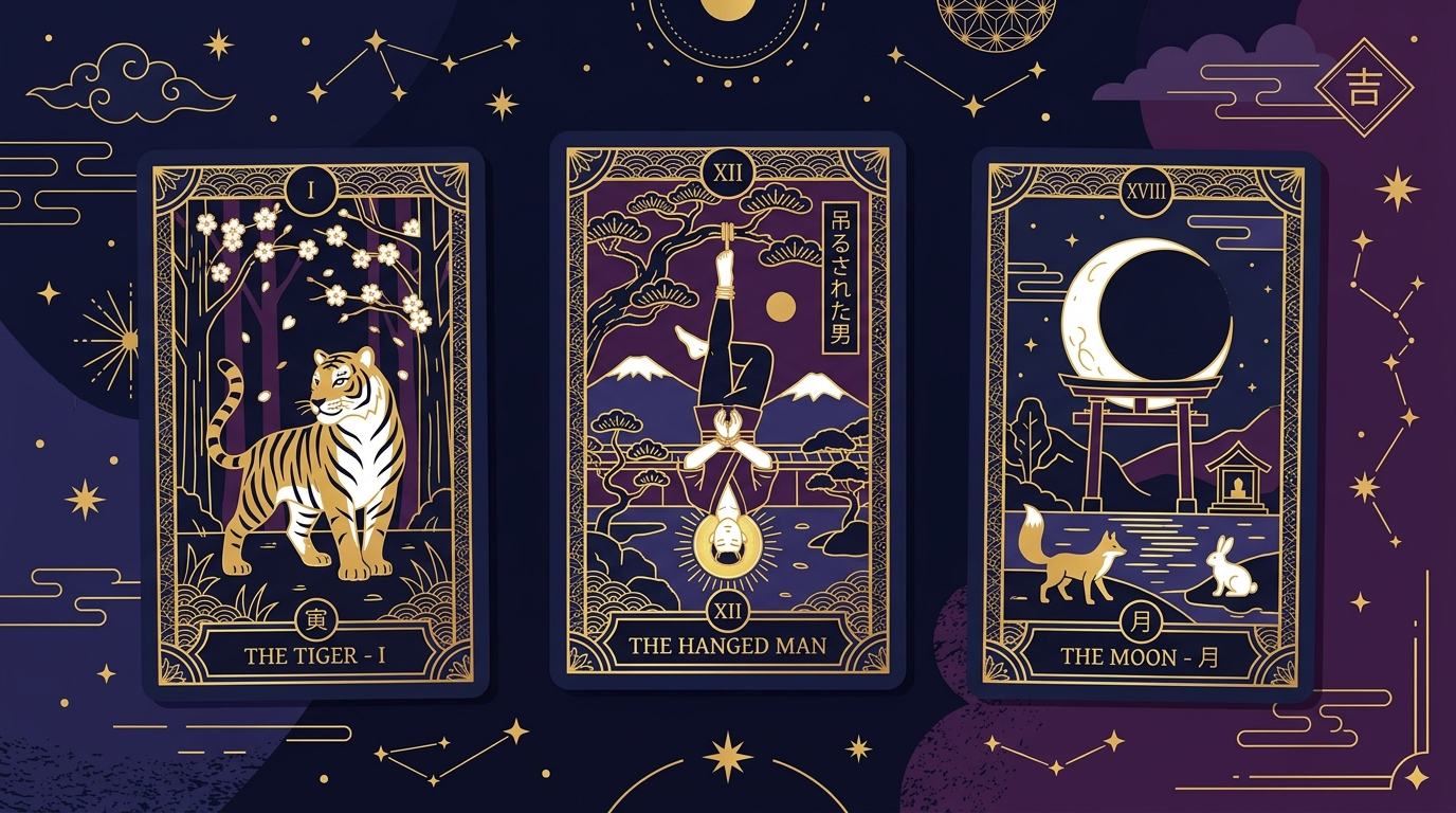 タロットカードのスプレッド配置イメージ — ワンオラクル・スリーカード・ケルト十字