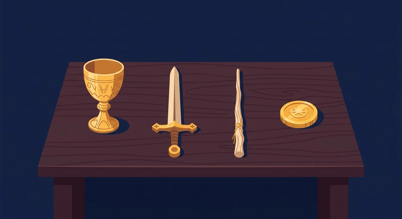 魔術師のテーブルに並ぶ四大元素のイラスト