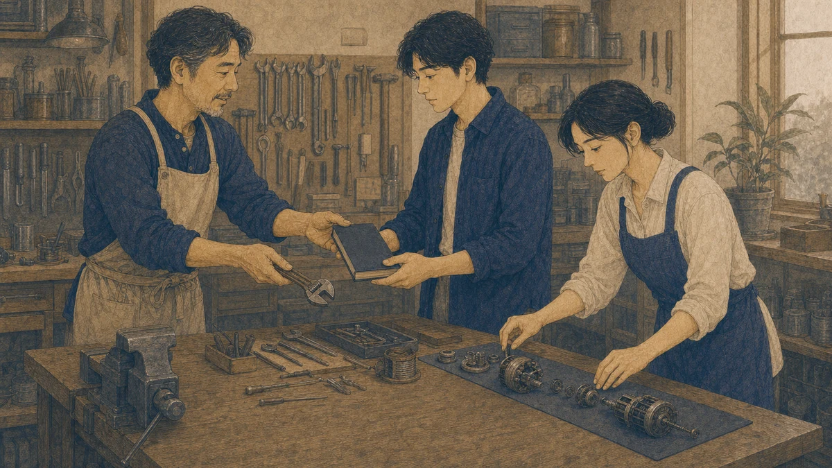 年長の職人が若い同僚へ修理道具と保管記録を手渡し、別の同僚が作業台で手順を確認している工房の場面