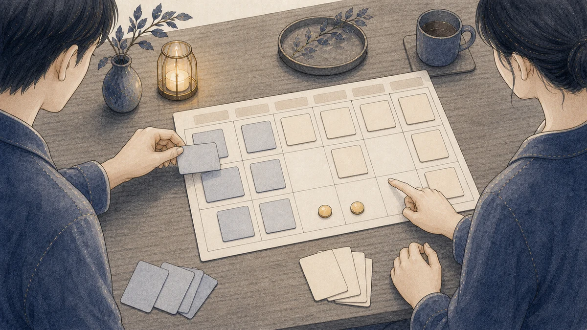 二人の成人が文字のない週間ボードを囲み、一人が予定カードを移し、もう一人が休息枠を指して重なった予定を分け直している場面