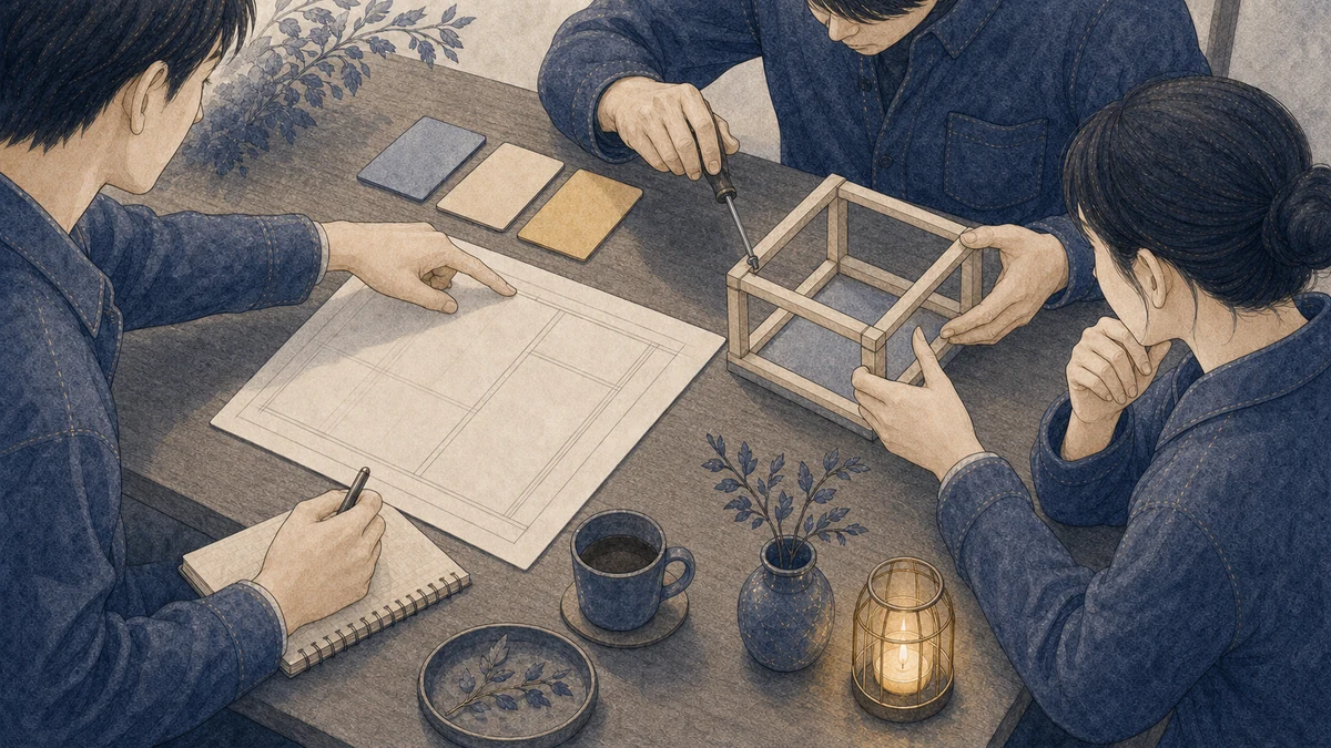 三人の成人が一つの試作品を囲み、一人が接合部を直し、一人が設計線を指し、もう一人が別角度から品質を確認している共同作業の場面