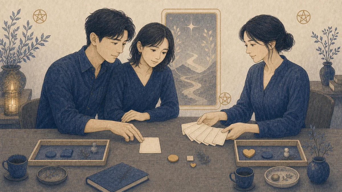成人二人が相談担当者と机を囲み、一人が無地の困りごとカードを置き、担当者が複数の支援先を示す無地カードを提示している場面