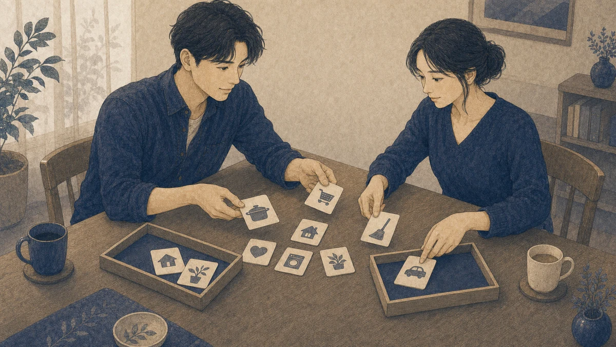 成人二人が家庭の円卓で、家事や時間を示す絵入りカードを中央へ戻しながら二つのトレイへ分け直している場面