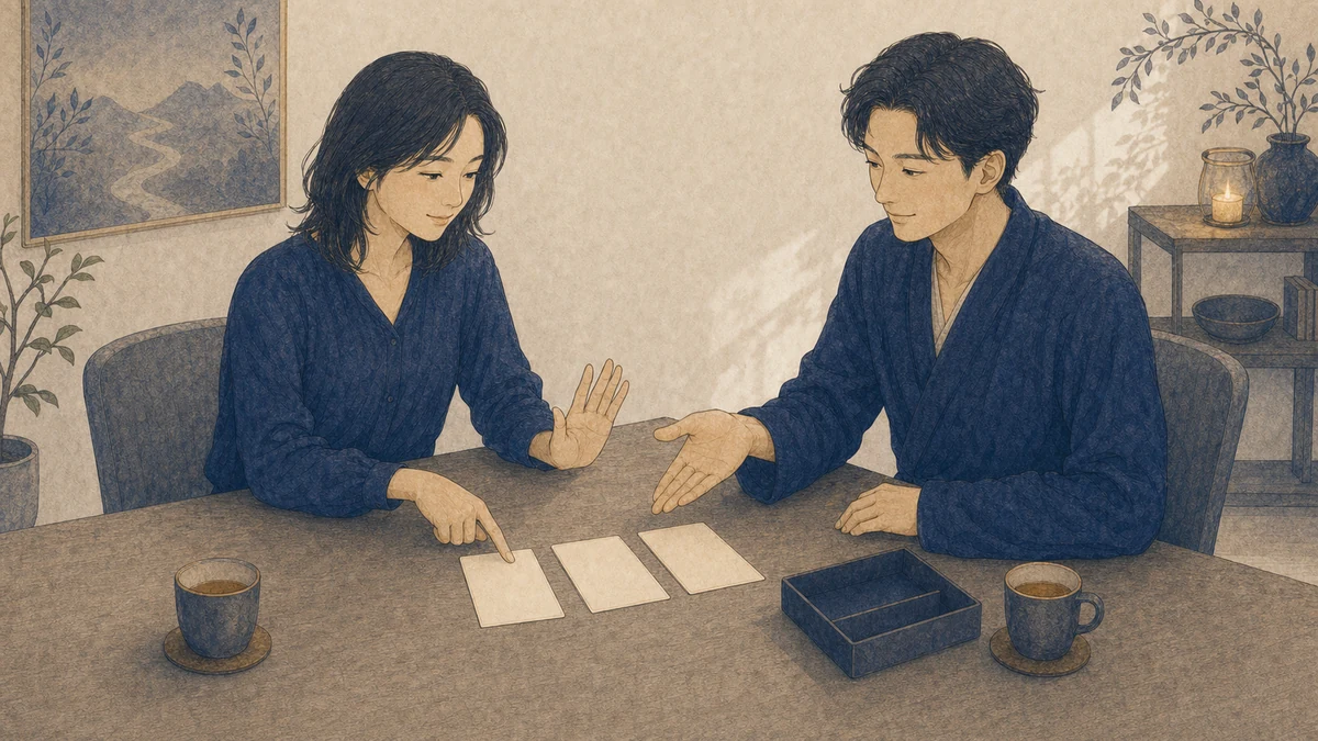 同じ高さの椅子に座る成人二人が、相談机に広げた三枚の無地カードから一枚を選び、別の案を開いた手で穏やかに断っている場面