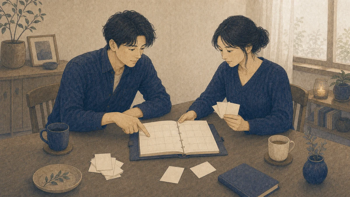 二人が予定表とメモを見ながら、関係に使える時間と今後の予定を落ち着いて確認する場面