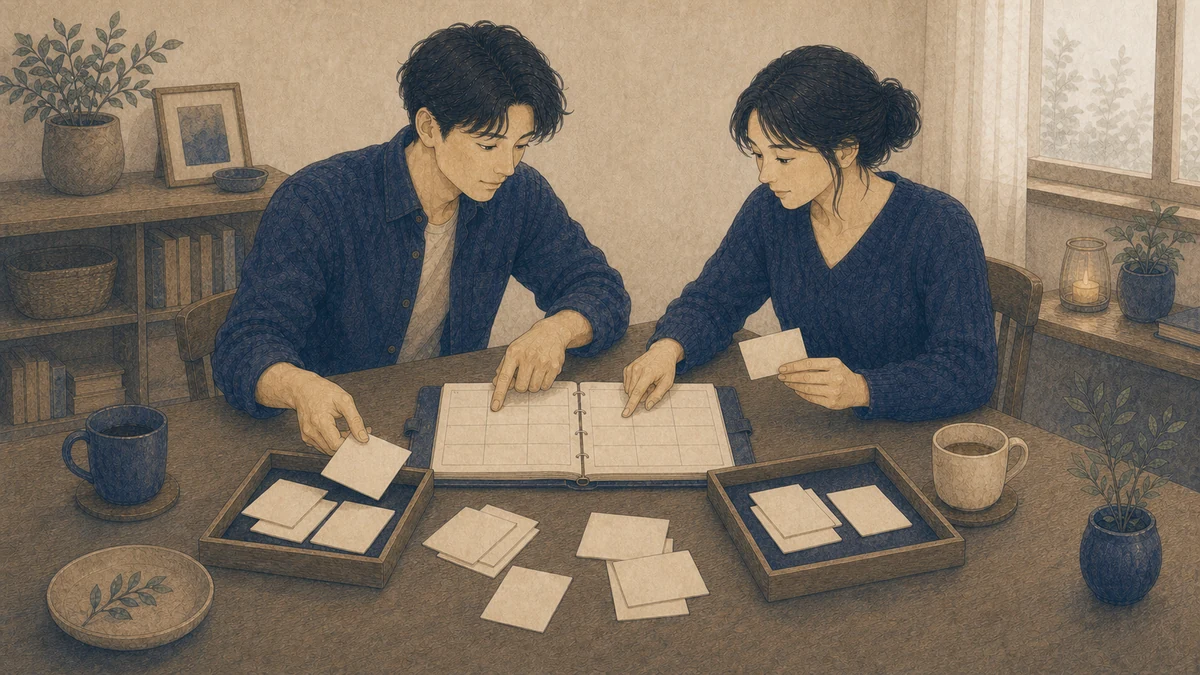 二人が同じテーブルで家事と予定のカードを分け、双方が続けられる日常の役割を相談している場面